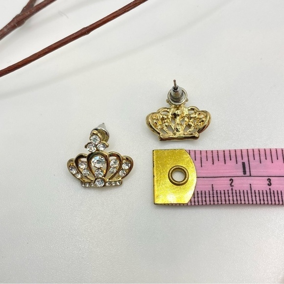 Queen Princess Crown Earrings Gold-Tone & Rhinestone Pierced Earrings - Picture 7 of 8